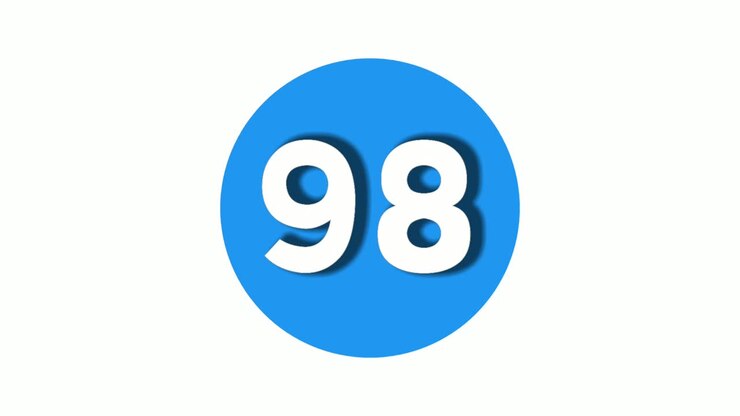 Simbolo del numero 98, icona animata di motion graphics su sfondo bianco con cerchio blu, numero animato per elementi video