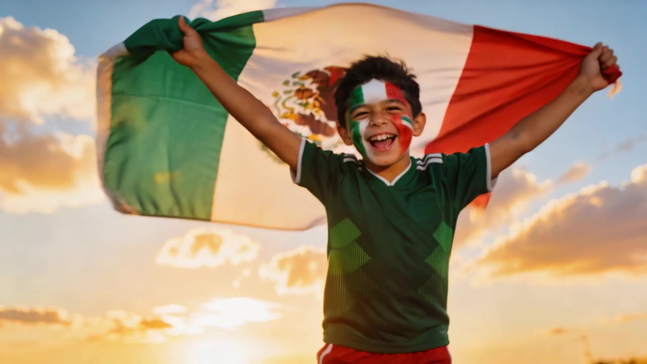 Bandera ondeando con la brisa, niño pintado agitando la bandera mexicana al atardecer, con camiseta verde y pantalones cortos rojos, animando.