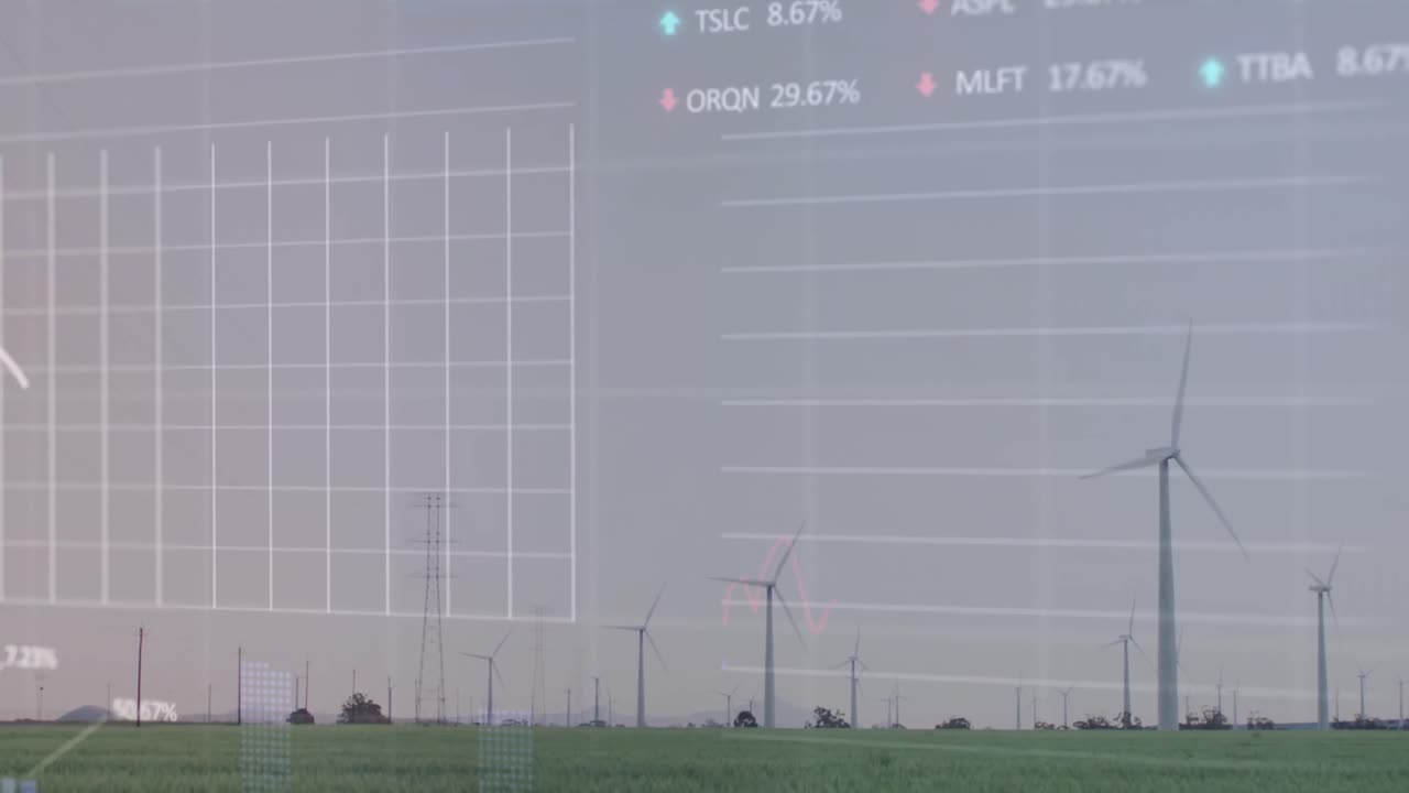 잔디 ⁇ 에서 회전하는 풍차에 대한 통계 및 증권 시장 데이터 처리 애니메이션