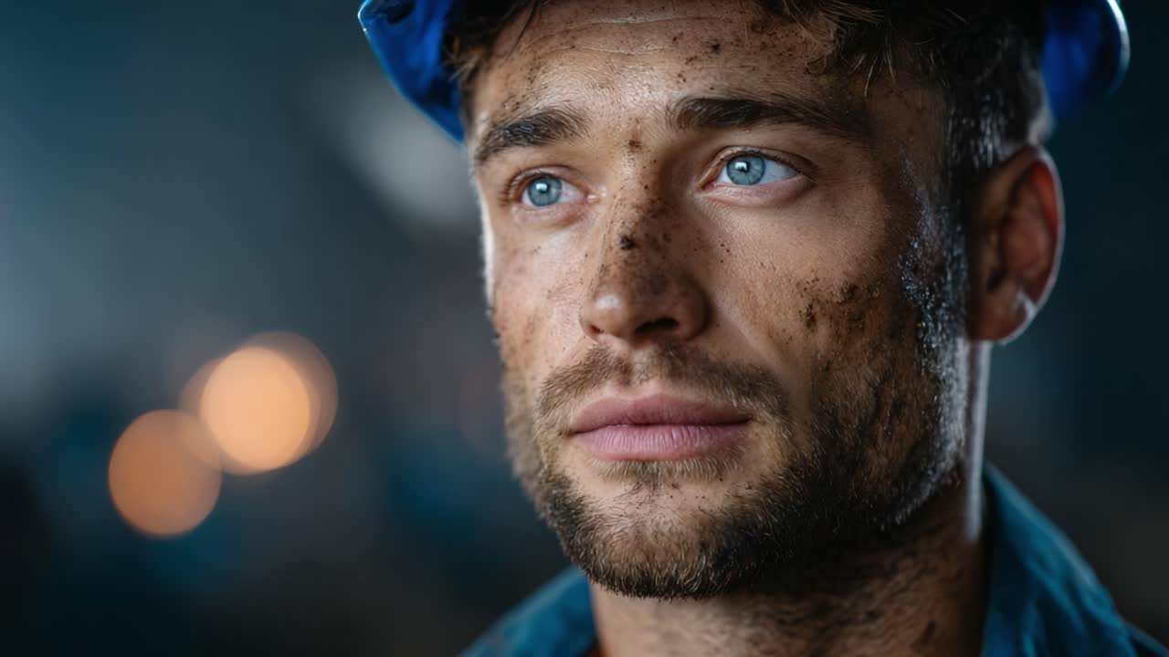 Intense Close-up of a Determined Worker with a Blue Hard Hat, Showing Resilience and Grit Amidst a Challenging Environment Full of Dust and Focused Expressions