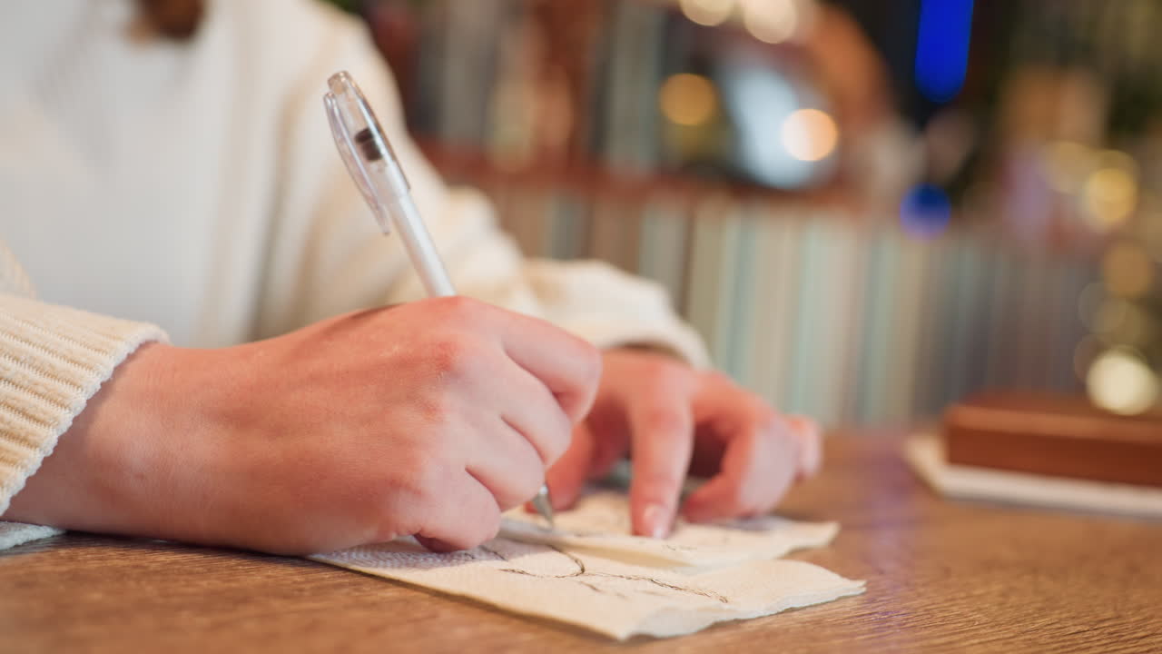 Close up of person in white sweater sketching simple black line design with pen on soft tissue paper laid on rustic wooden table, soft blur background