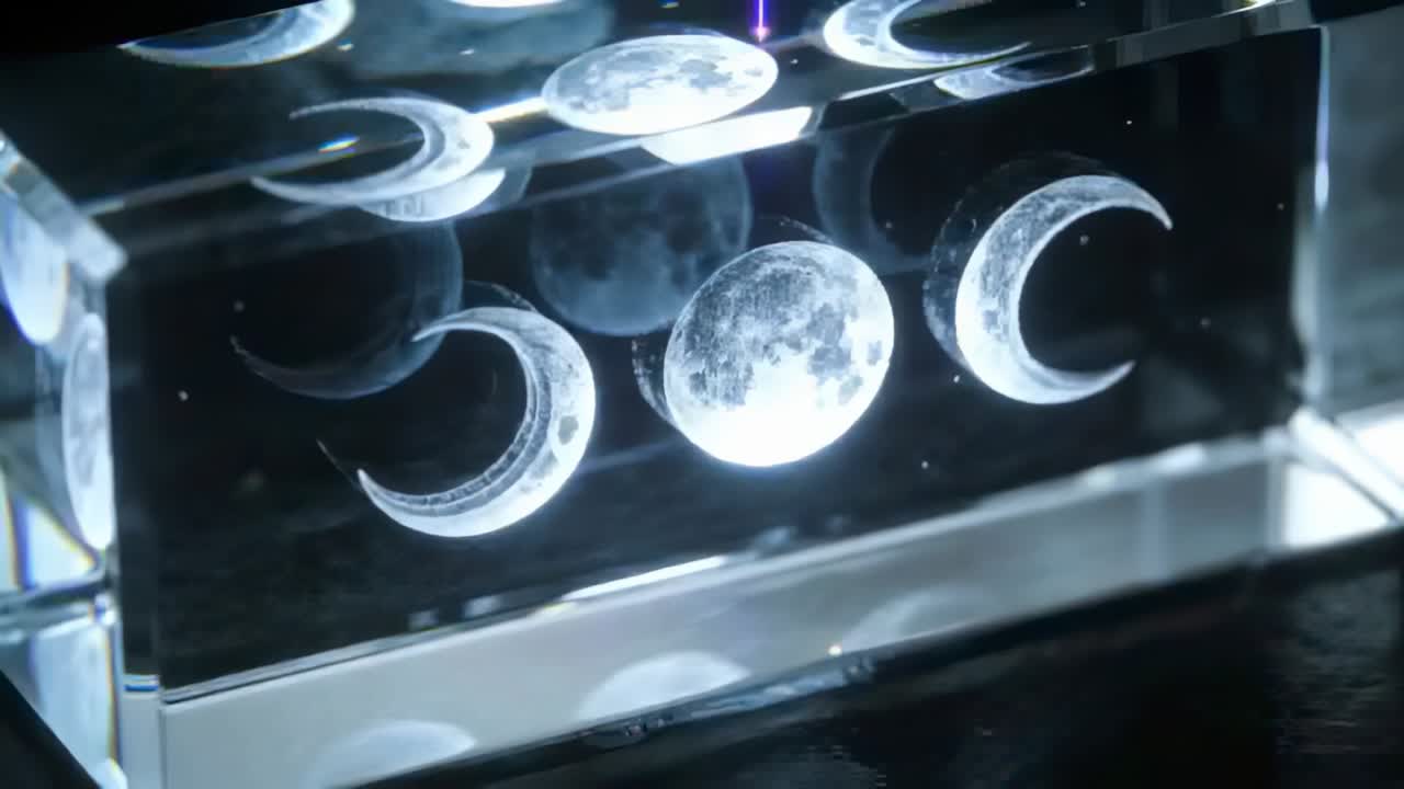 Shifting LED light making glints moving across glass block on dark table showing etched moon phases