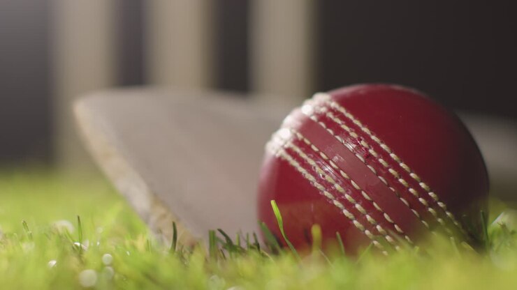 Natura morta di cricket con primo piano di palla e mazza adagiate sull'erba davanti ai paletti 1
