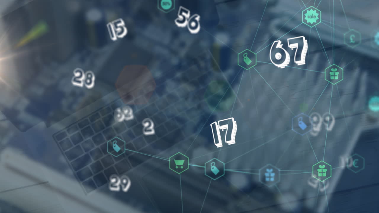 animación de números e iconos conectados a través de computadoras portátiles y componentes electrónicos.