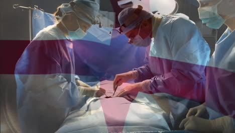 animation of flag of england waving over surgeons in operating theatre