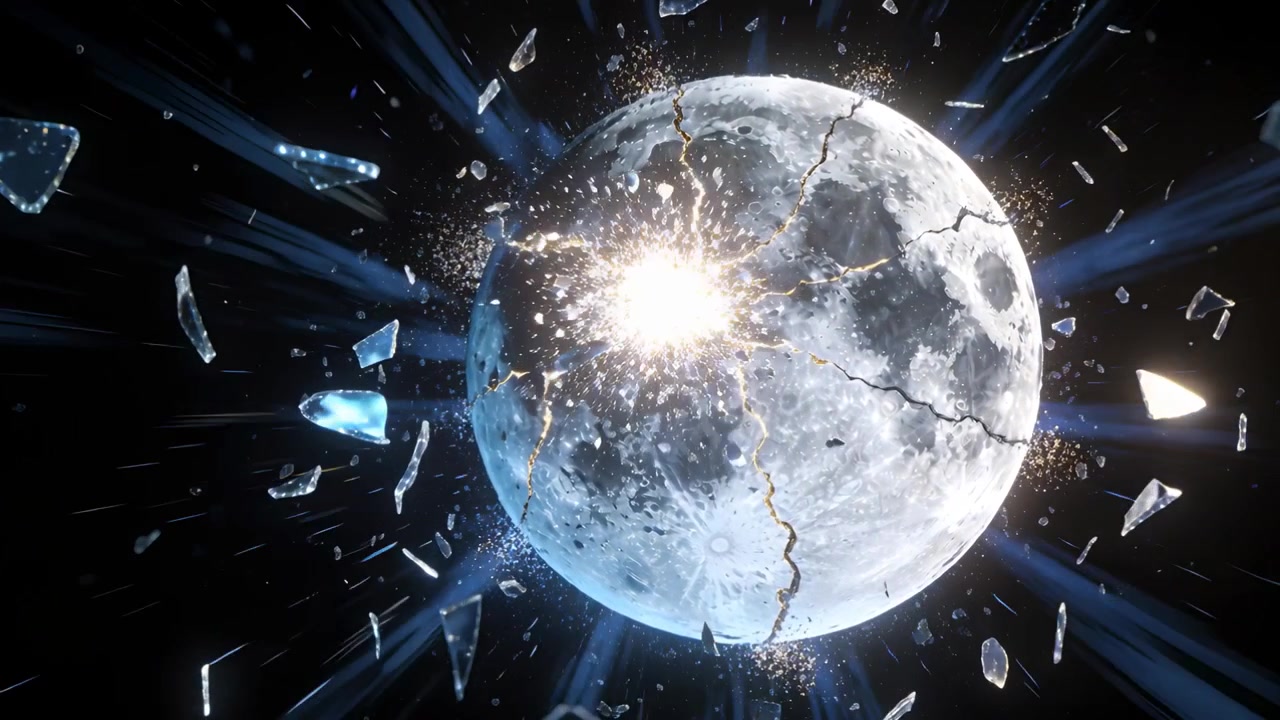 Fissure appearing, cratered moon in dark void undergoing rupture emitting shards and blue beams