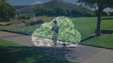 animación de una nube hecha de conexiones sobre una mujer caminando con un scooter en un parque