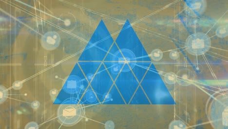 animación de formas triangulares abstractas y una red de iconos digitales contra un fondo azul