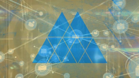 animation of abstract triangular shapes and network of digital icons against blue background