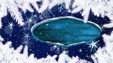 Animation-of-falling-snow-and-snowflakes-over-blue-wood-with-white-christmas-tree-border