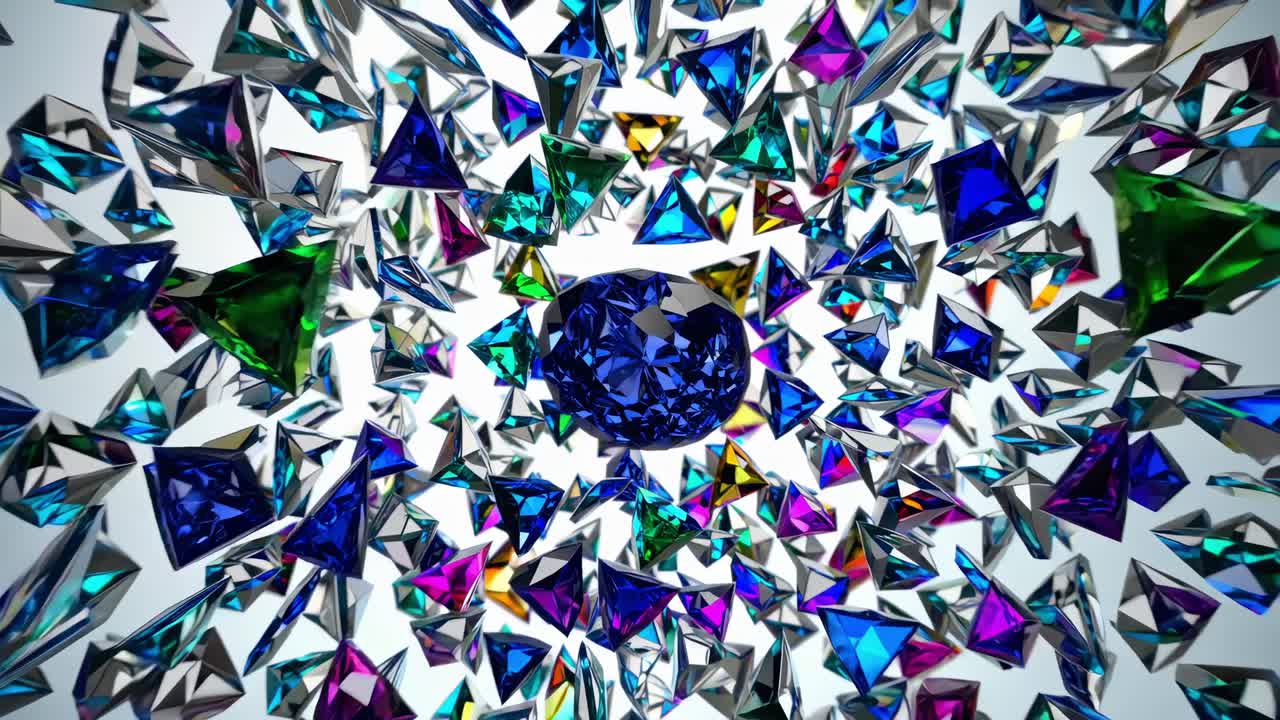 Vibrant gemstones swirl dynamically in a captivating motion sequence, showcasing their brilliance and intricate facets in a mesmerizing display of color and light