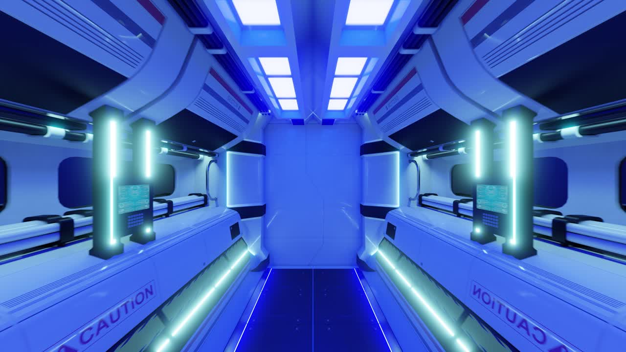 Interior of a spacecraft door with neon lights, animation loop