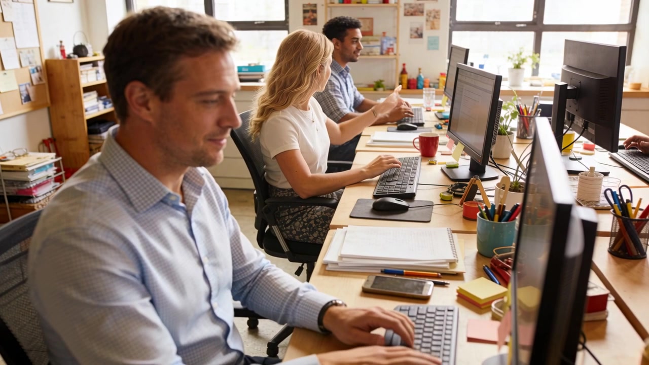 Smilende medarbejder i midten vender sig frem, leder kolleger, der genoptager tastning på kontoret med tastaturer