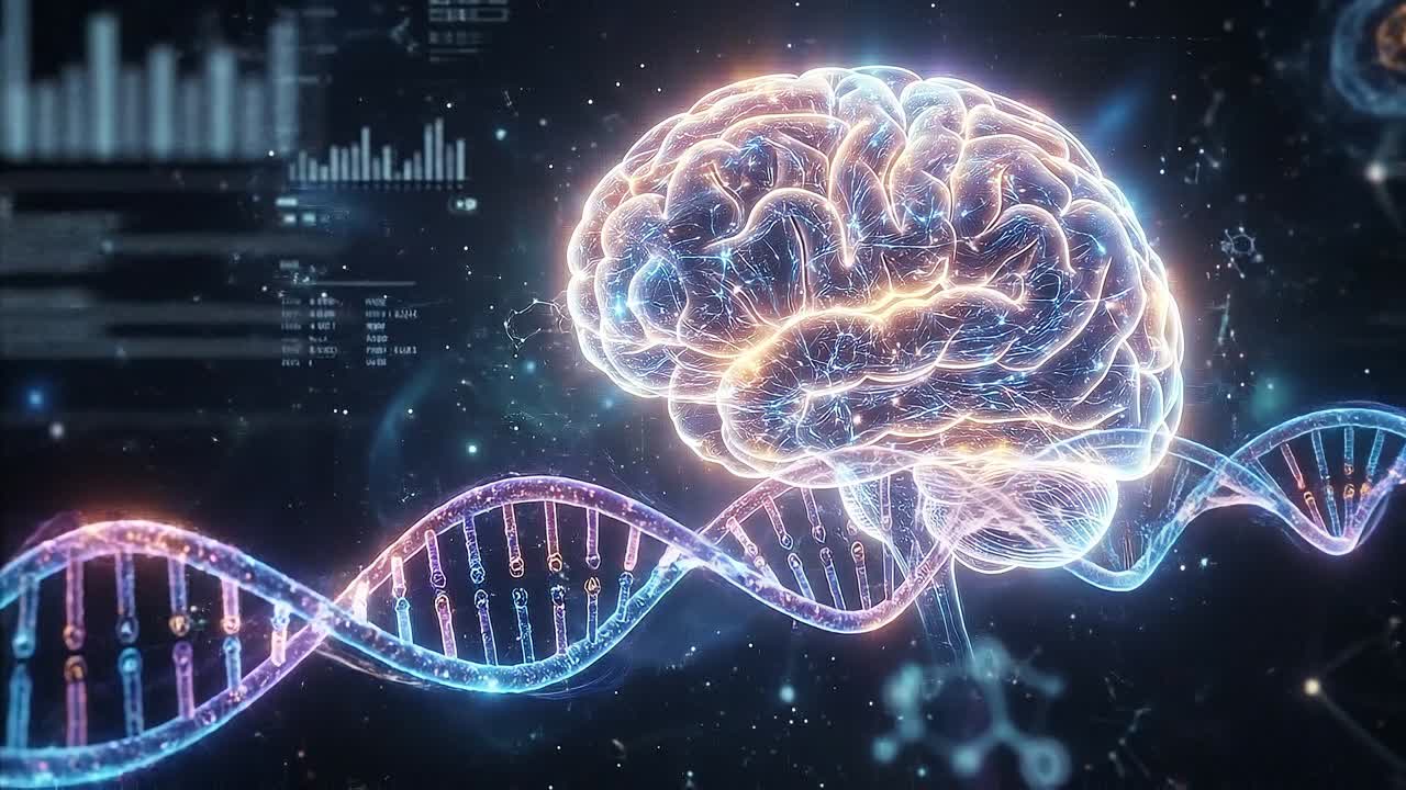 Cervello umano luminoso e doppia elica del DNA con dati digitali