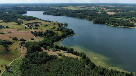 blue lake and majestic forestry flatlands with small homesteads, high angle drone view