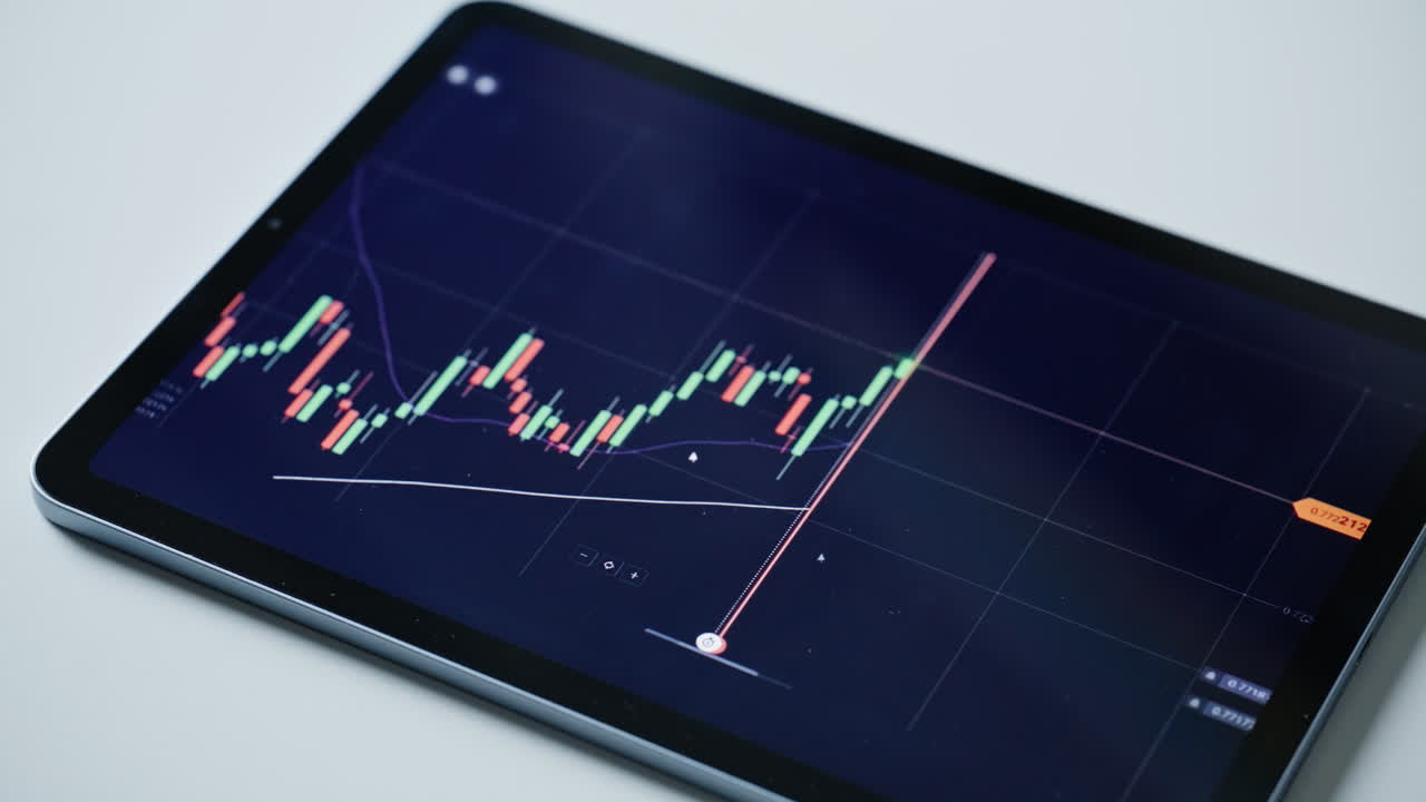 Tablet con grafico finanziario e indicatori di crescita appoggiato su una scrivania.