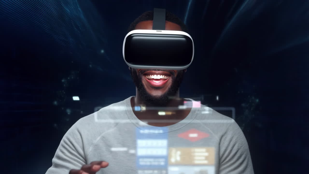Man in VR Headset Interacting with Virtual Interface