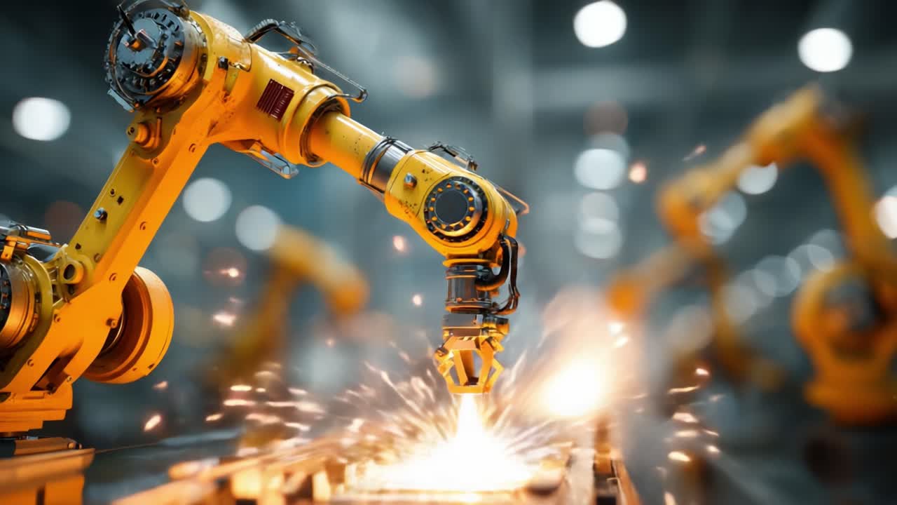 Advanced Industrial Automation: Robotic Arm Executing Precision Tasks in a High-Tech Manufacturing Environment with Sparks and Dynamic Motion