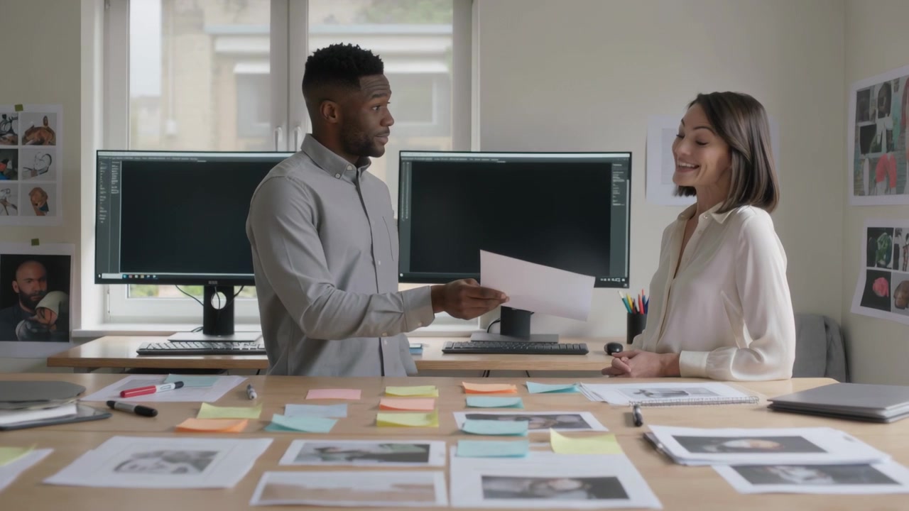 Picking sheet, man grey shirt sliding layouts toward woman blouse at desk for review, sticky notes