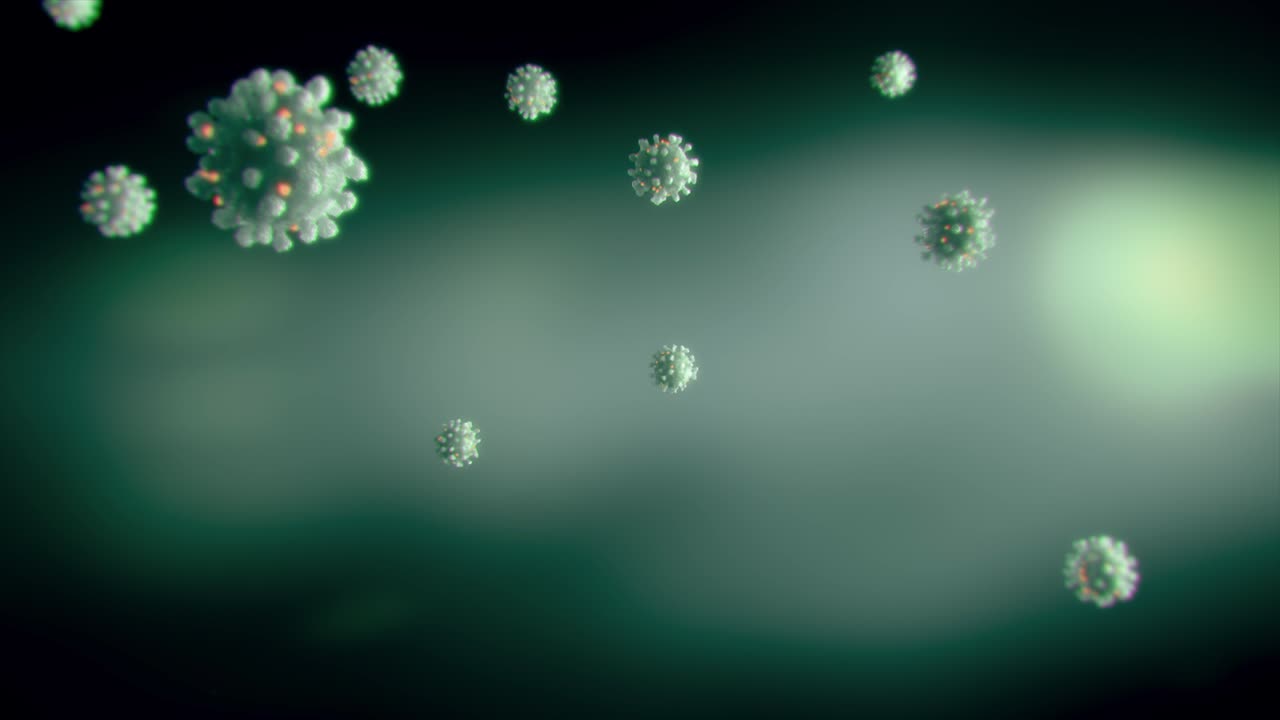 animación realista de bucle médico lista de varias células de coronavirus que caen hacia abajo