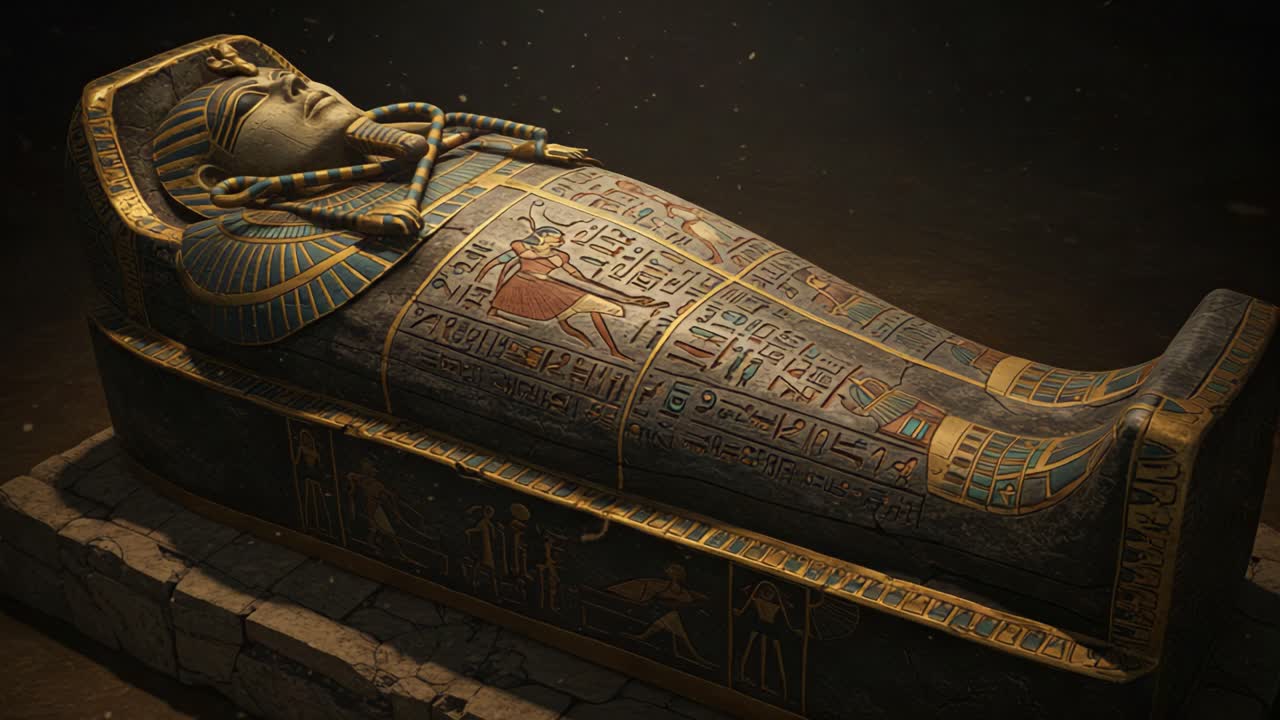 Ancient Egyptian Sarcophagus: A Glimpse into Historical Artistry and Burial Practices Depicted in Elaborate Hieroglyphs and Iconic Designs