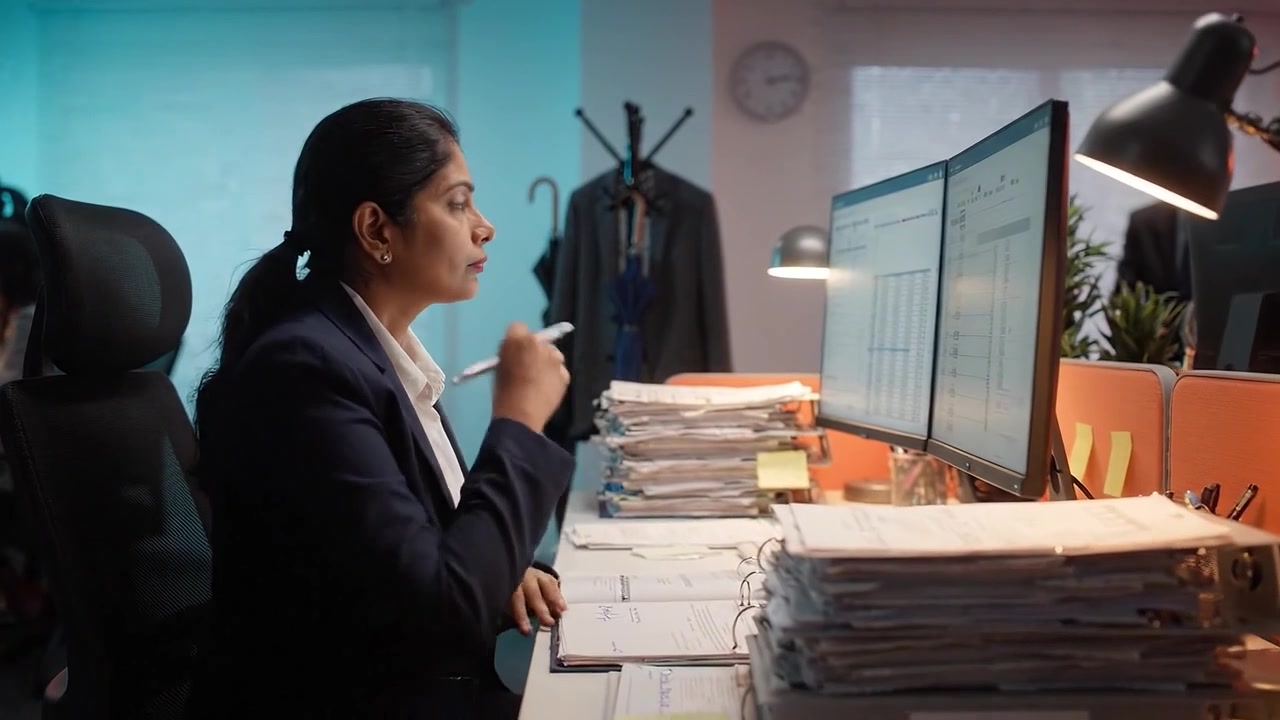 Focused Professional in Office Environment Analyzing Data and Reviewing Documents Amidst Organized Chaos and Team Collaboration with Modern Technology