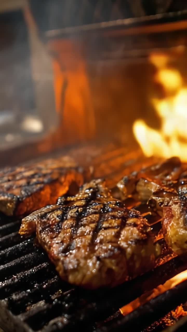 Succulente bistecche che grigliano sulle fiamme: catturando la perfetta rosolatura e il profilo aromatico della carne alla griglia in un ambiente barbecue ad alta temperatura