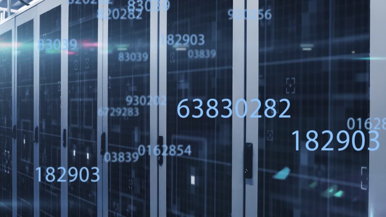 Animation of multiple changing numbers and light spot over computer server room
