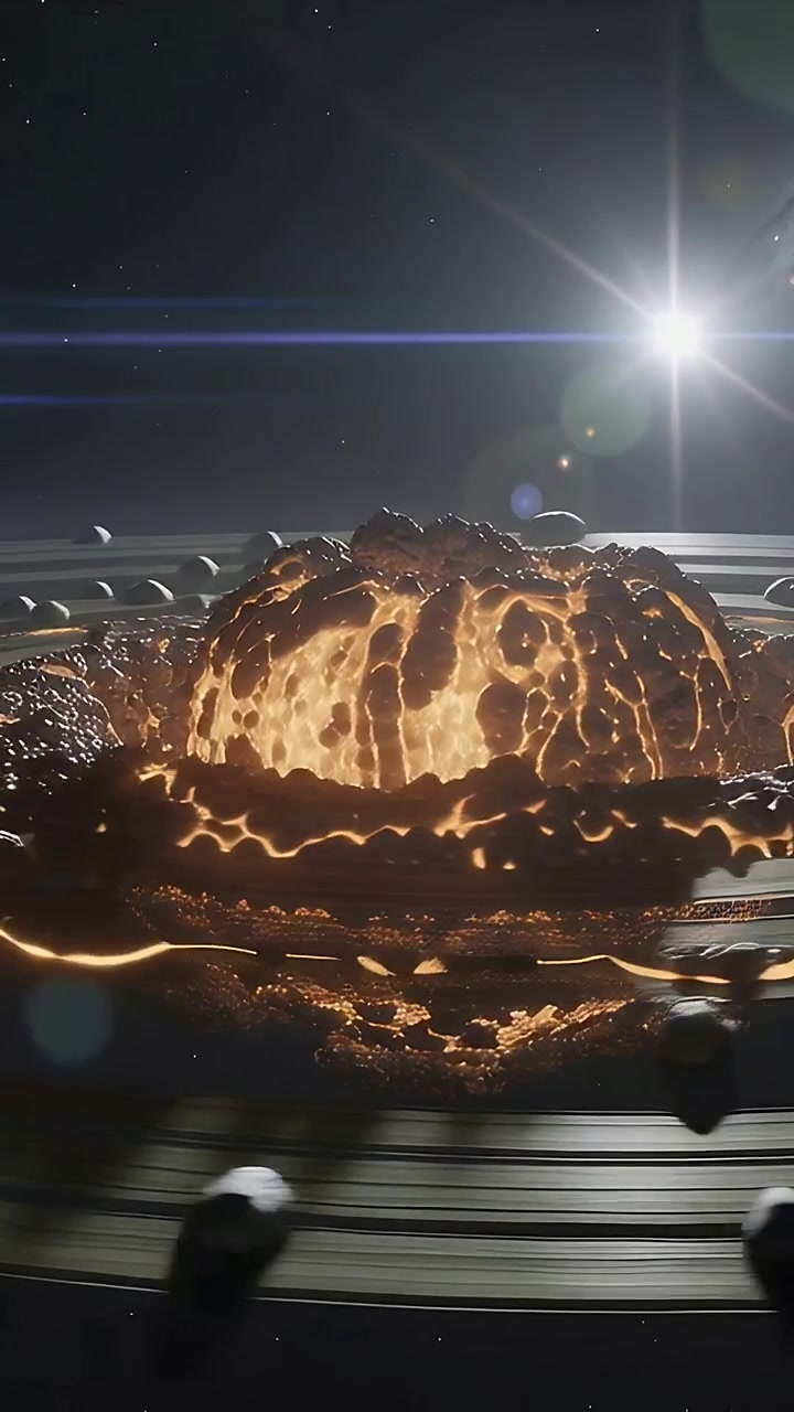 Vertical video: Rotating view revealing molten dome pulsing lava on rings, star and orbiting rocks