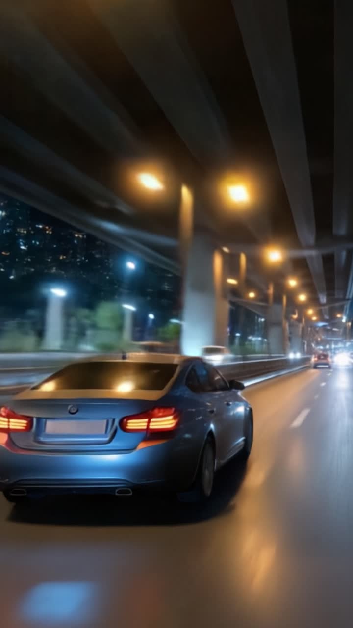 Un'elegante auto grigia che sfreccia attraverso un sottopassaggio cittadino di notte, illuminata da morbidi lampioni color ambra che creano un'atmosfera dinamica di movimento e vita urbana.