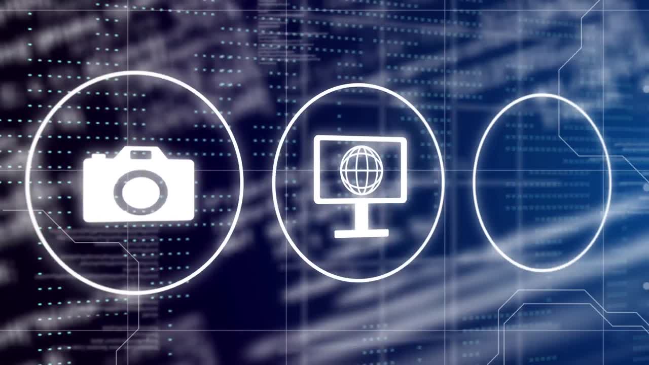 animación de iconos digitales y procesamiento de datos sobre un fondo azul.