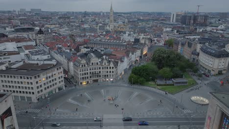 aerial panoramic urban architectural streets of mont des arts brussels belgium city at dusk, drone establishing town, european