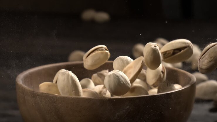 Wooden bowl filled with pistachios on dark wooden table, tasty salted nuts scattered around, healthy snack and natural food concept. Shot on super slow motion camera 1600 fps