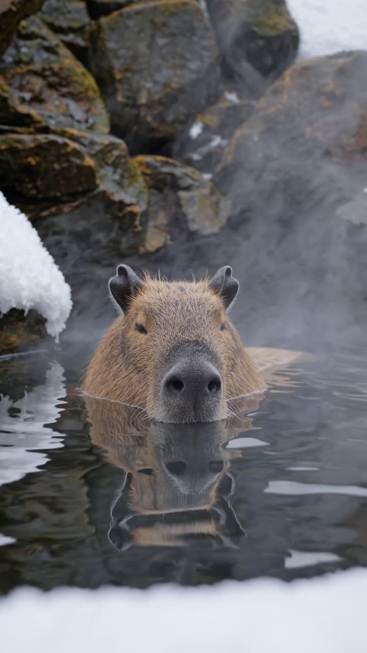 A capybara relaxes in a hot spring surrounded by snow, captured from a low angle