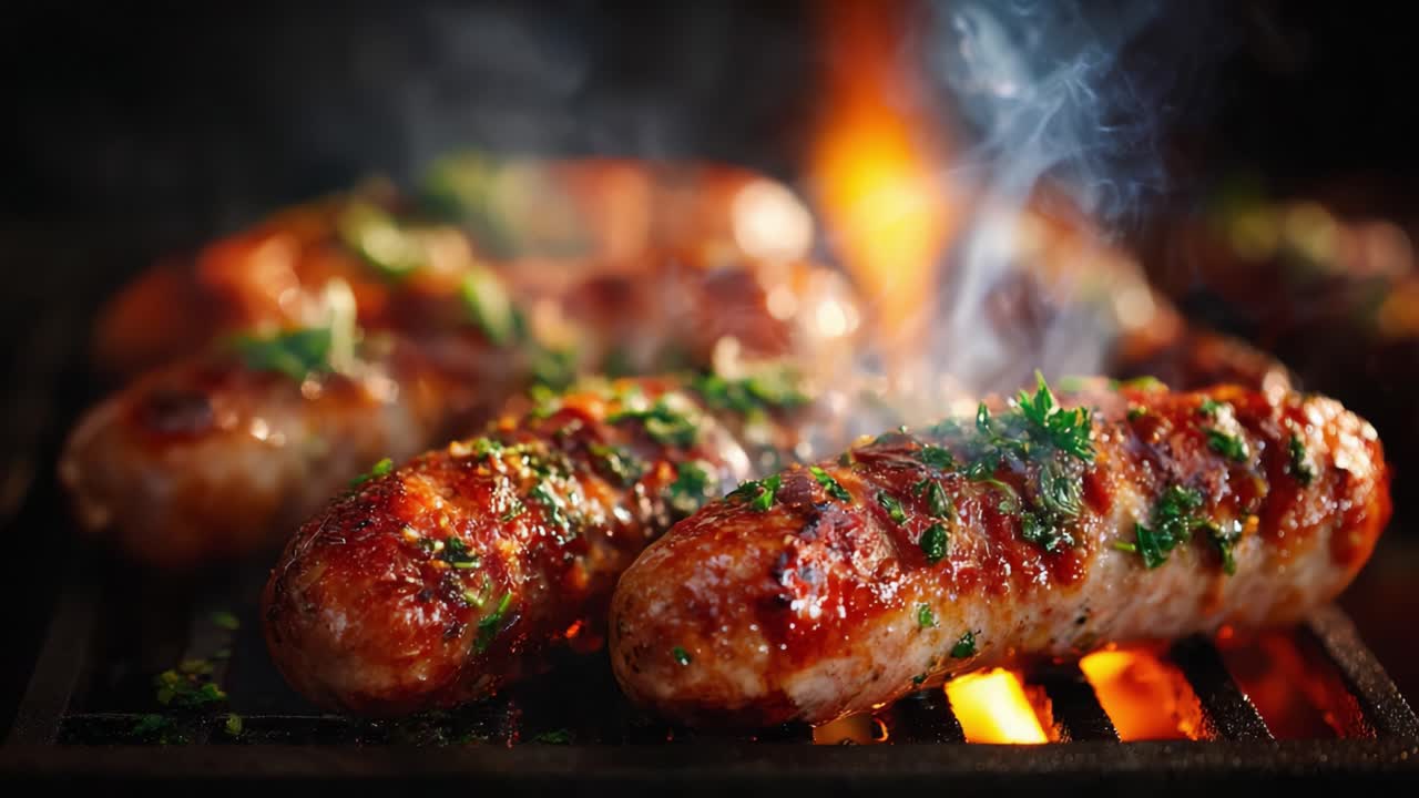 Deliziose salsicce grigliate con erbe fresche e aroma affumicato catturate con messa a fuoco intensa, che mostrano una prelibatezza culinaria da un barbecue estivo.