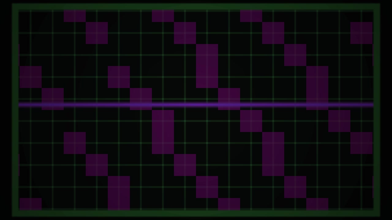 Animated Digital Grid with Scanning Purple Squares and Green Lines