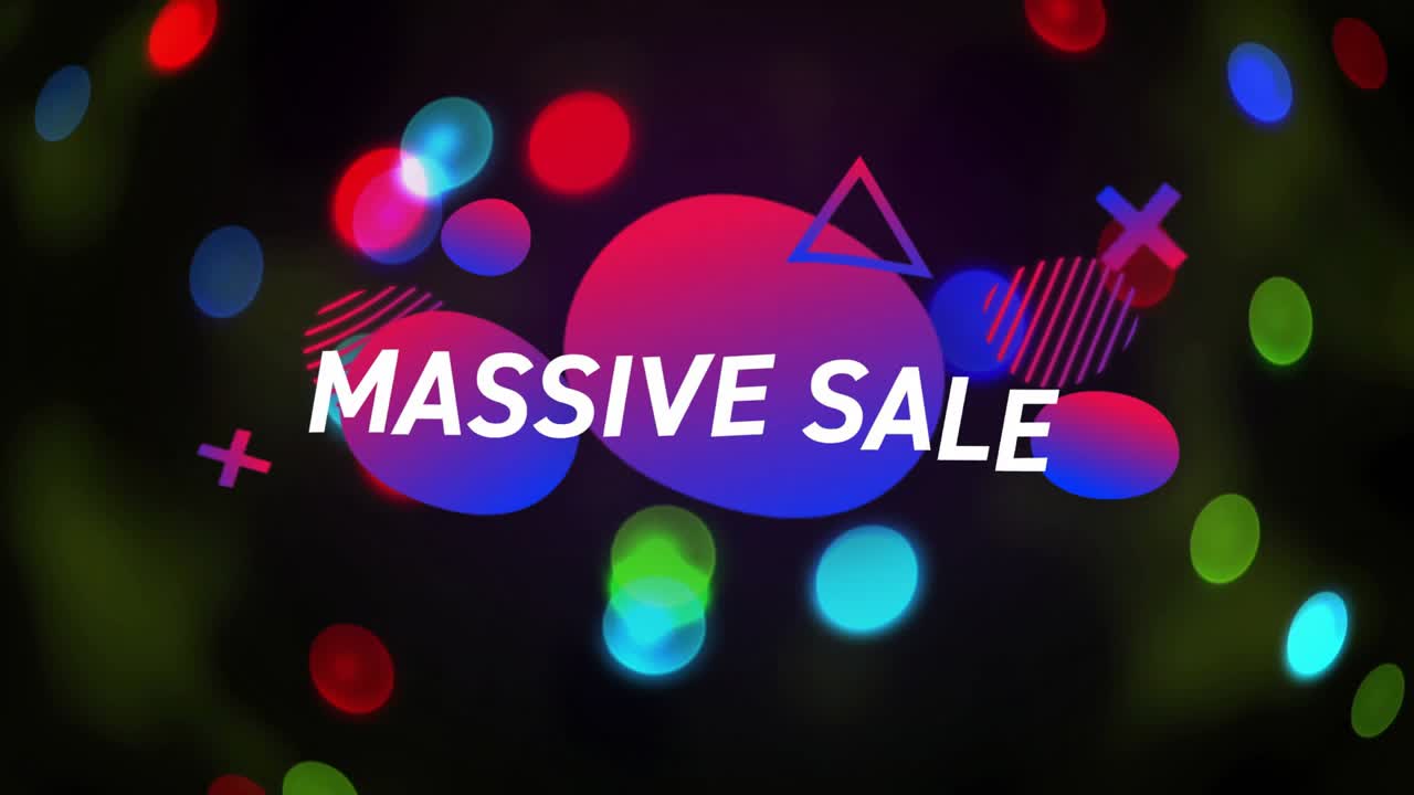 Gradient shapes fading in unveiling MASSIVE SALE while bokeh lights flickering for promotion
