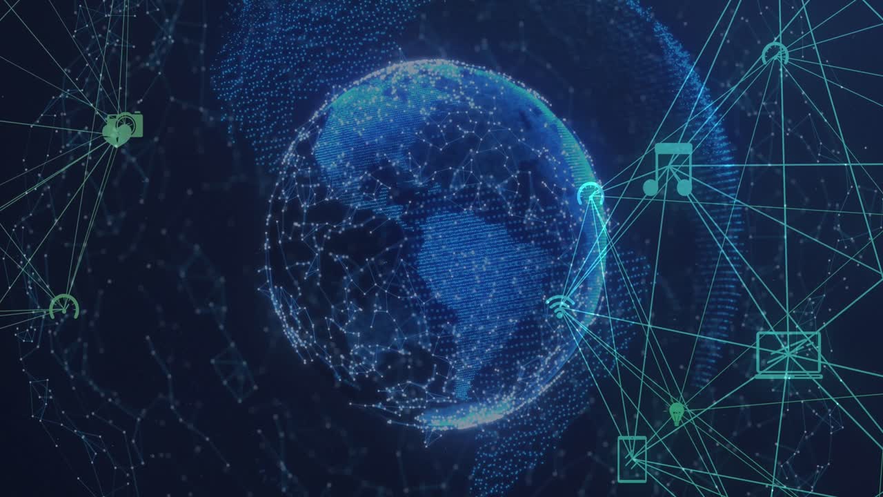Animation of network of connections data processing over globe