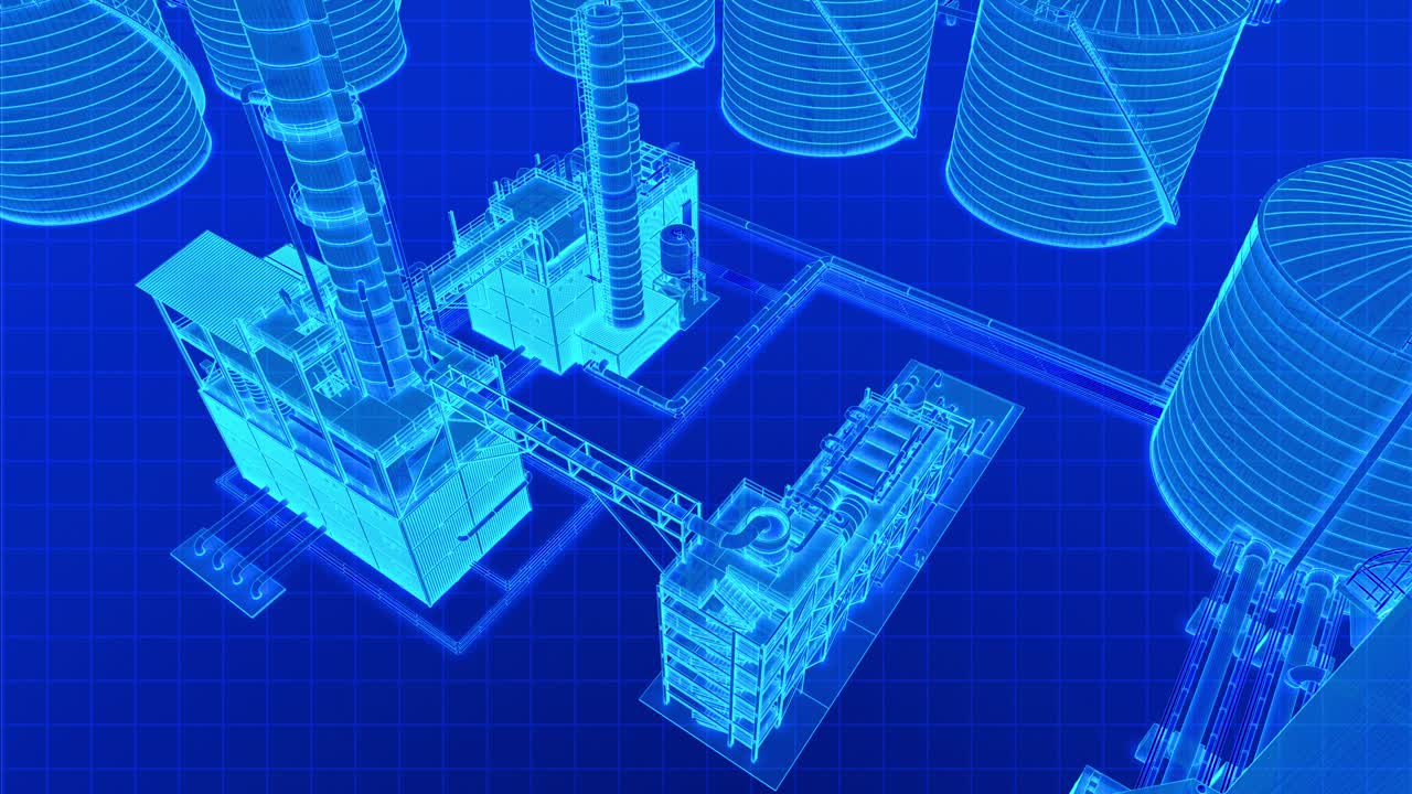 블루 라이트 네온 와이어 프레임 석유 정유 공장 건물 미래의 디지털 사이버 크 스타일 3d 렌더링 영상