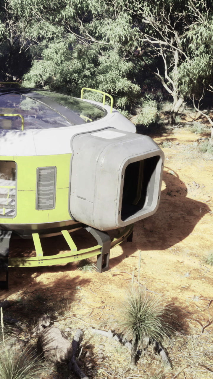 Space pod structure sits in nature near a forest