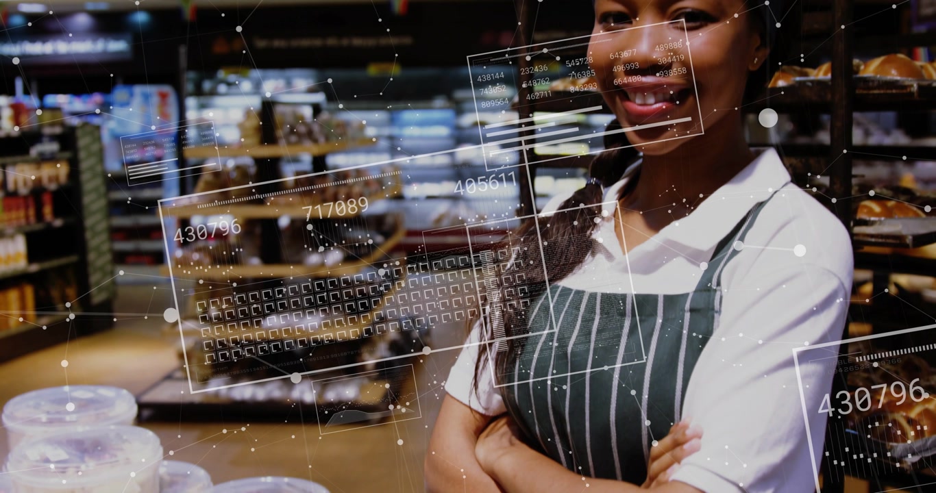female bakery clerk folding arms at cookie display initiating scanning overlays measuring freshness