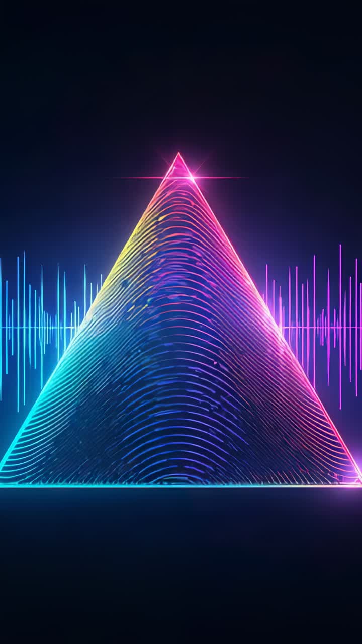 Vertical video: Pulsing neon pyramid rippling to audio beat on black backdrop featuring equalizers
