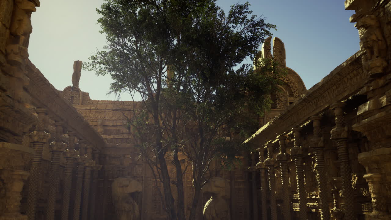 Ancient ruins with trees under bright sunlight at historical site