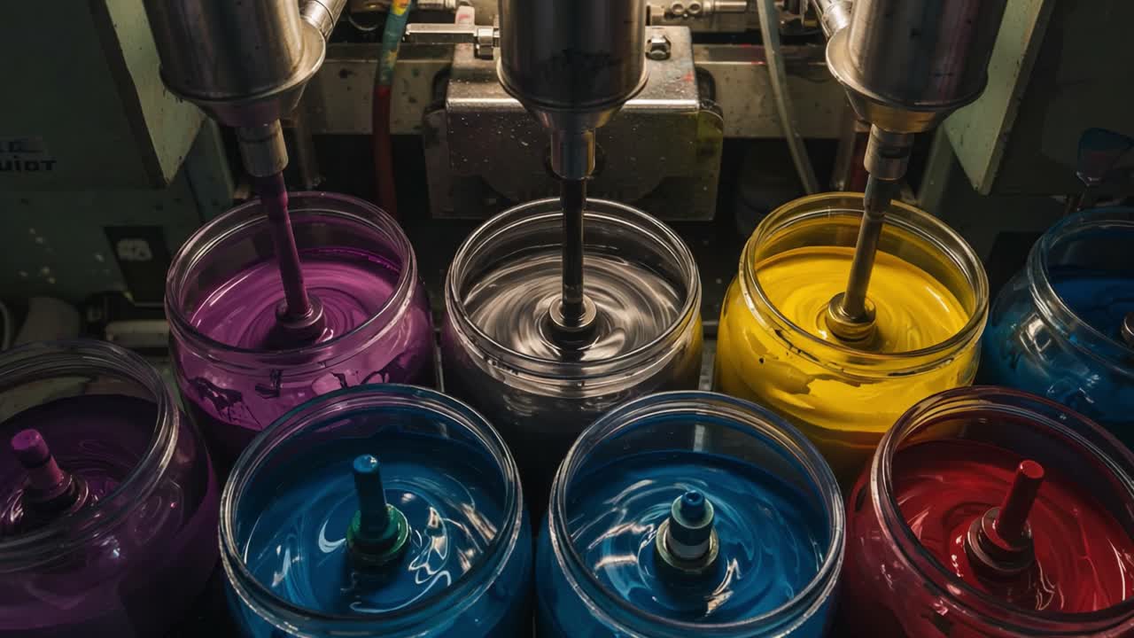 A Captivating Display of Vibrant Paint Colors in Production, Showcasing Dynamic Mixing Processes in Jars, Highlighting the Art of Color Creation and Harmony