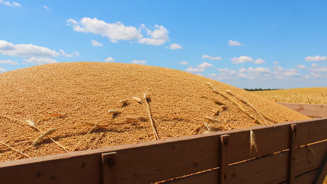 A bountiful harvest captured in stunning detail, showcasing the golden grains of wheat piled high in a wooden cart against a backdrop of a clear blue sky