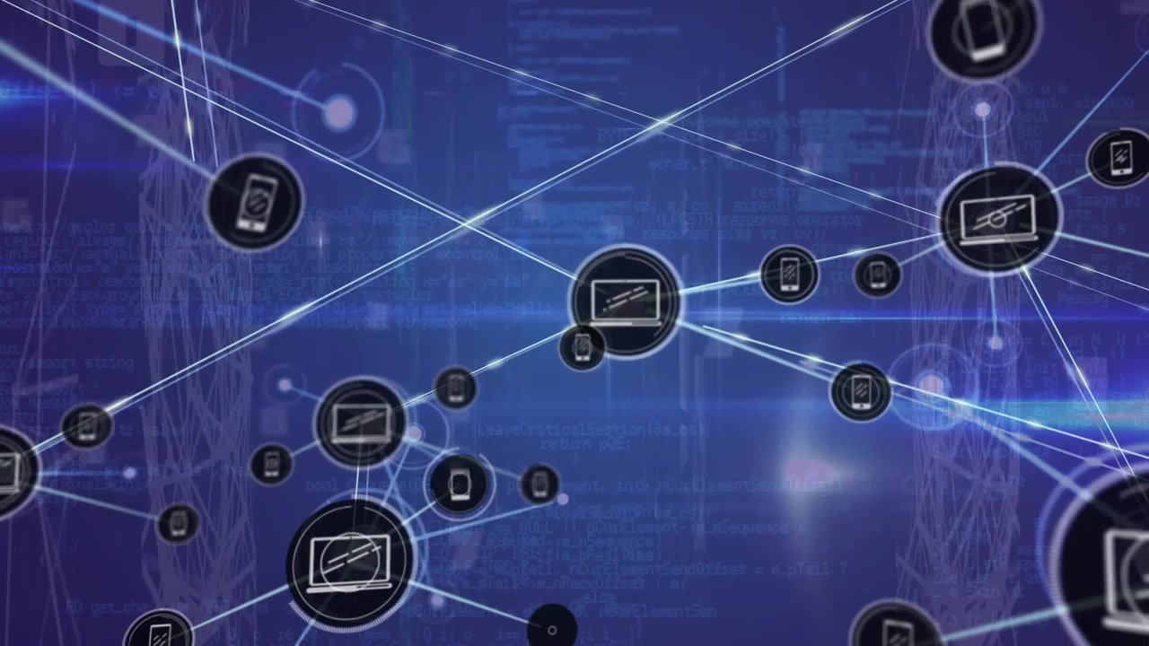 Animation of network of connections with icons over computer servers