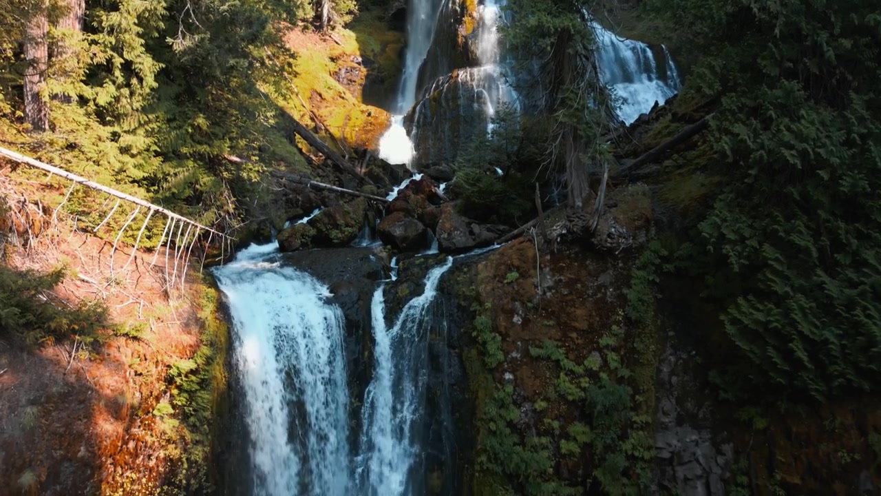 Ripresa aerea in picchiata di due cascate gemelle sotto le cascate superiori in una gola forestale, drone di Falls Creek Falls, PNW Washington.