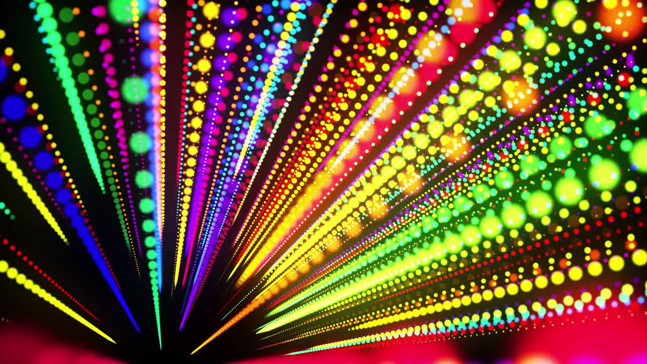 fondo de bucle 3d abstracto con partículas brillantes alineadas en una fila en el espacio 3d. bucle vj festivo con partículas multicolores y cámara animada suave. fondo de diseño de movimiento.