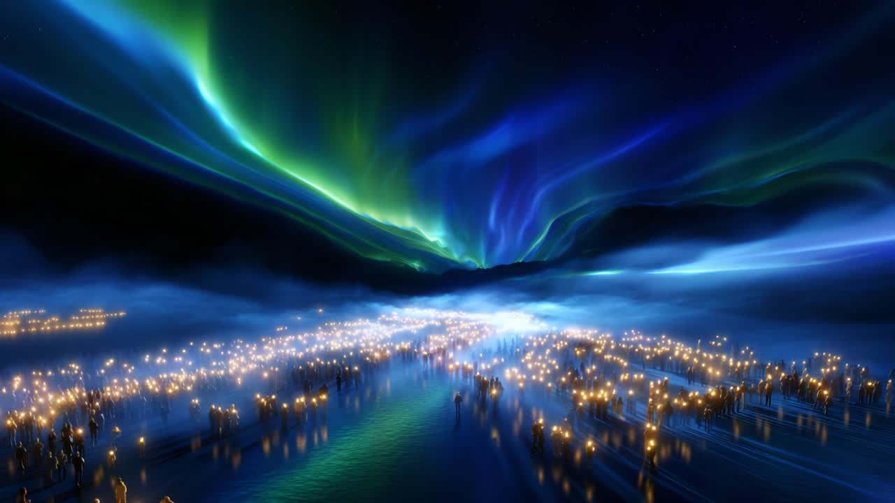 Captivating Display of Northern Lights Dancing Over a Serene Waterscape Illuminated by Twinkling Lights, Creating a Magical Atmosphere of Nature's Beauty and Mystique Under the Night Sky