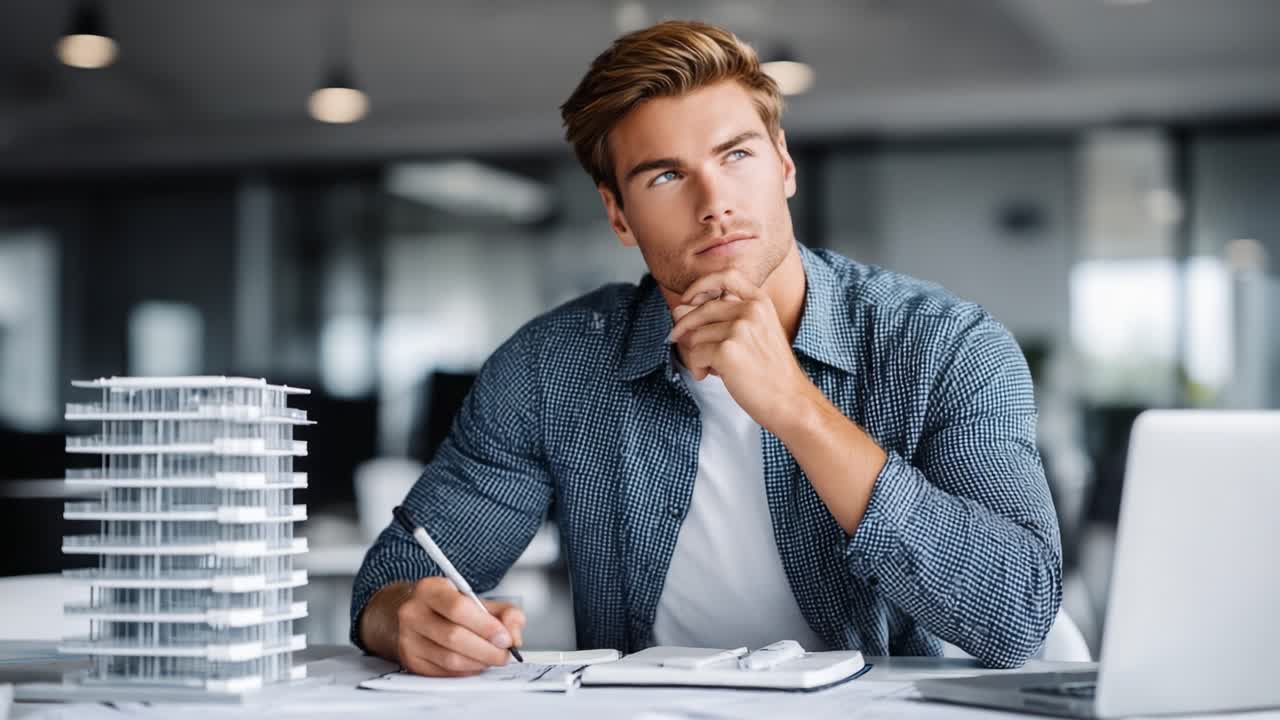 A thoughtful young man pondering design solutions while working on architectural plans, surrounded by a miniature building model and notes, in a modern office space